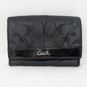 Women's Coach Black Signature Jacquard w/Leather Trim Bi-fold Wallet